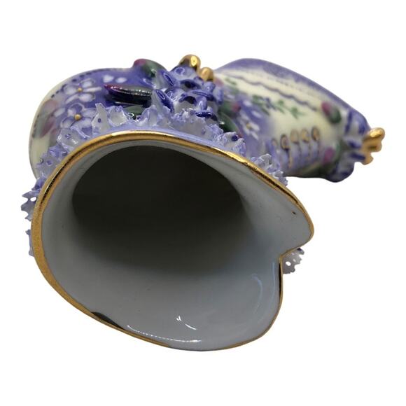 Vintage Inspired Ceramic Lace Ruffle Vivid Violet Flowers Boot Limoges - Picture 9 of 10